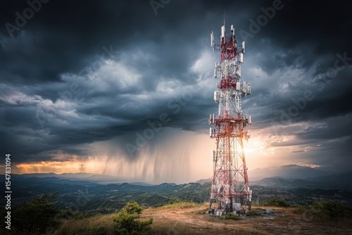 A tall tower illuminated at night with numerous antennas on top, serving as an emergency communication hub.