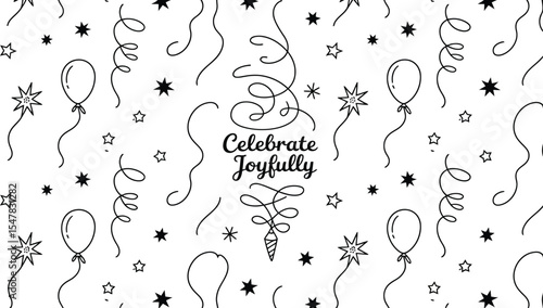 black and white festive celebration pattern with balloons, stars, and swirls, featuring text "celebrate joyfully" for party design