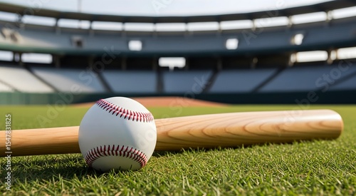 A close-up shot of a white baseball ball and wooden baseball bat laid on vibrant green grass at the empty baseball stadium. Eye-level wide-angle shot. 