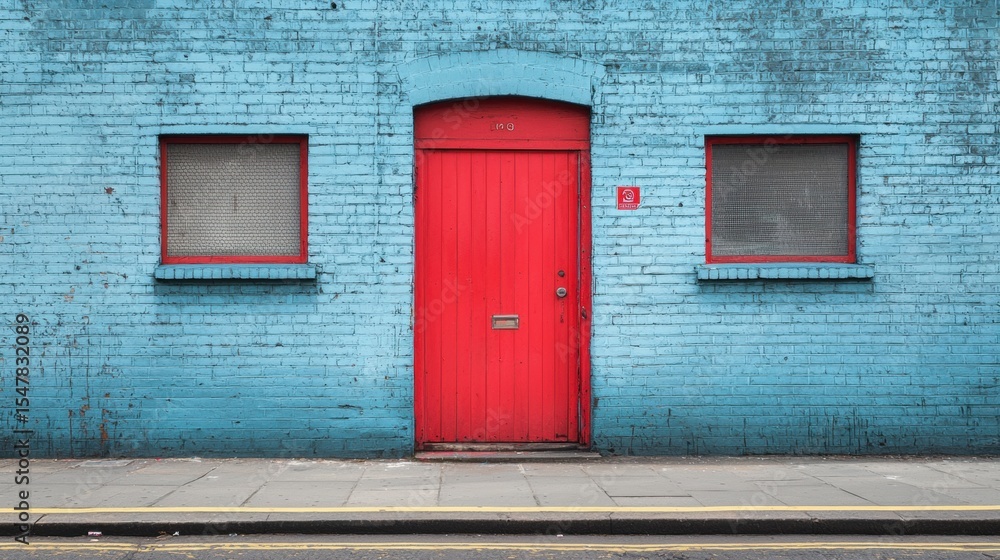 Cyan Brick Wall with a Striking Red Door and Boarded Windows Urban Facade Cyan Brick Wall with a Striking Red Door and Boarded Windows Urban Facade