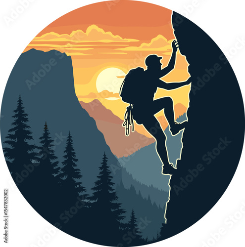 Stylized vector of a climber reaching for a hold on a steep rock wall at sunset. Forest and mountain scene with strong silhouette