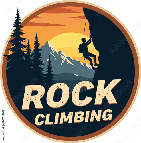Retro-style vector logo of rock climbing with climber rappelling down a cliff, pine trees, and snowy mountains at sunset. Adventure sport and outdoor exploration design