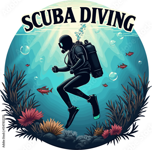 Scuba diver swimming underwater with tropical fish and coral reef, in colorful vector badge style