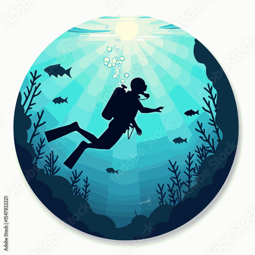 Silhouette of scuba diver exploring coral reef with tropical fish and sun rays underwater