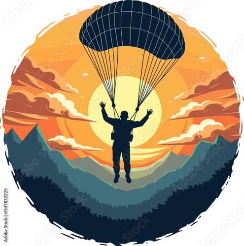 Silhouette of skydiver with parachute gliding at sunset over mountain landscape and forest valley