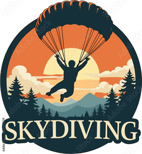 Parachuter silhouette descending over mountain valley during vivid sunset in retro badge style