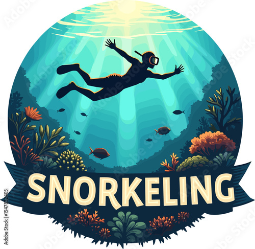 Snorkeler silhouette diving into vibrant coral reef with tropical fish and rays of sunlight underwater