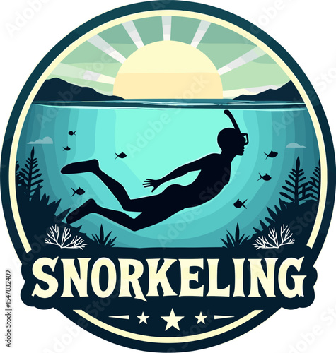 Vector illustration of snorkeler swimming underwater near tropical reef and fish, with sun above
