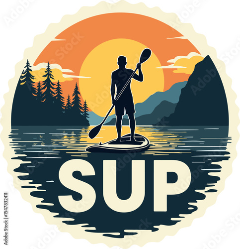 Stand up paddleboarder silhouette on calm lake during sunset with mountains and forest in the background