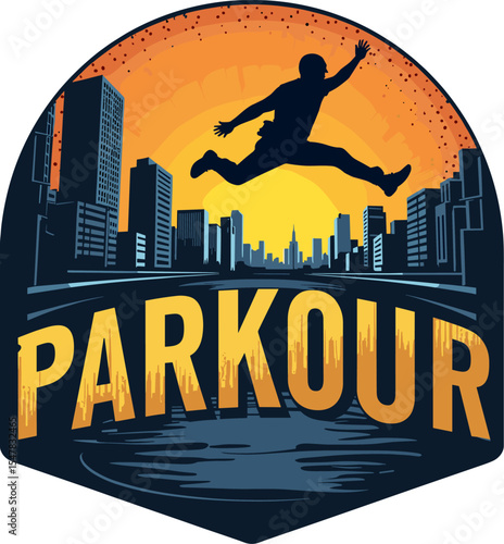 Parkour athlete silhouette making a long leap across city skyline with dramatic sunset background
