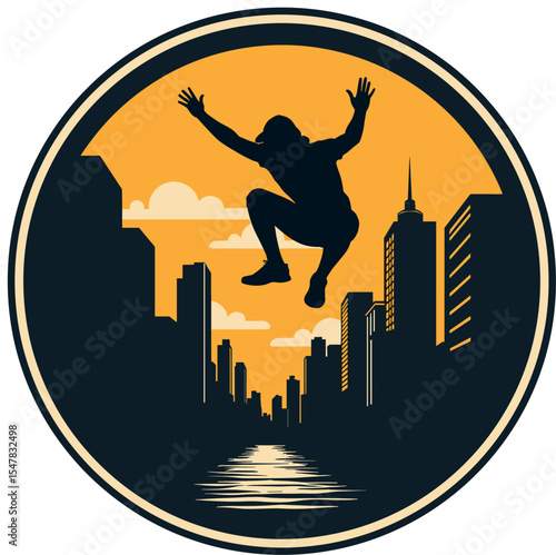 Silhouette of a person jumping between rooftops in urban city at sunset, bold vector style