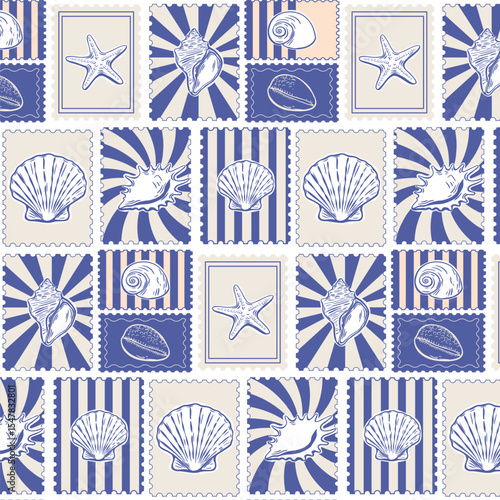Seashell postage stamp grid pattern in vintage style