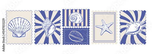 Row of marine vintage stamps with seashell drawings