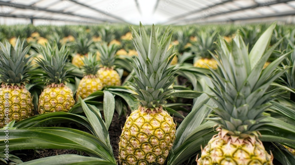 Fototapeta premium Lush Greenhouse with Rows of Large Spiky Pineapples Under Bright Natural Light