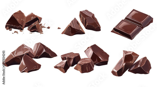 Set of dark chocolate pieces isolated on white background
