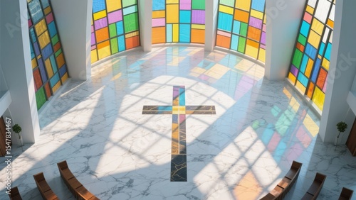 Interior of a Modern Church with Stained Glass Windows and a Central Cross