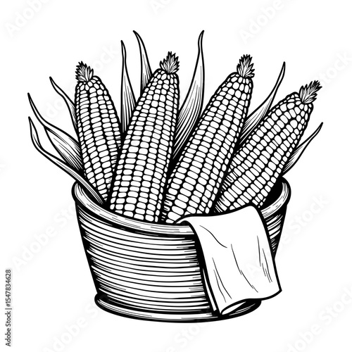 Corn cobs in basket illustration with towel, harvest produce agriculture