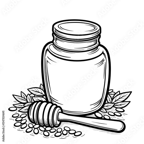 Honey jar with dipper and buckwheat outline, sweet harvest coloring page