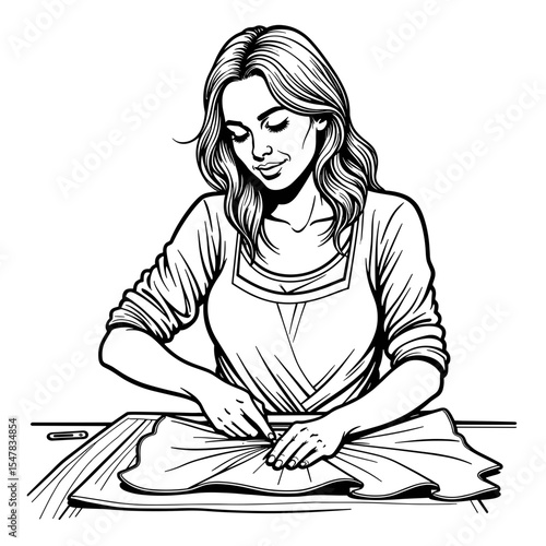 Seamstress cutting reused fabric, sustainable sewing practice illustration