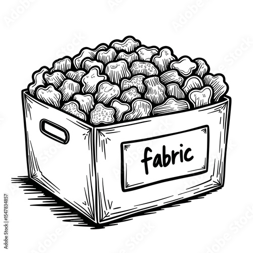 Box of fabric scraps with bold lines, textile reuse and sustainable design