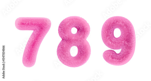 3D cute numbers 7, 8, 9 Set of fluffy fuzzy pink numbers for birthdays, bonuses, New Year, and promotions. Vector illustration in rose tones.