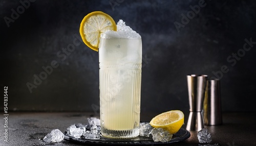 gin fizz cocktail with lemon slice foam and ice served in a highball glass vintage style drink recipe illustration on dark background moody dark chic luxury style