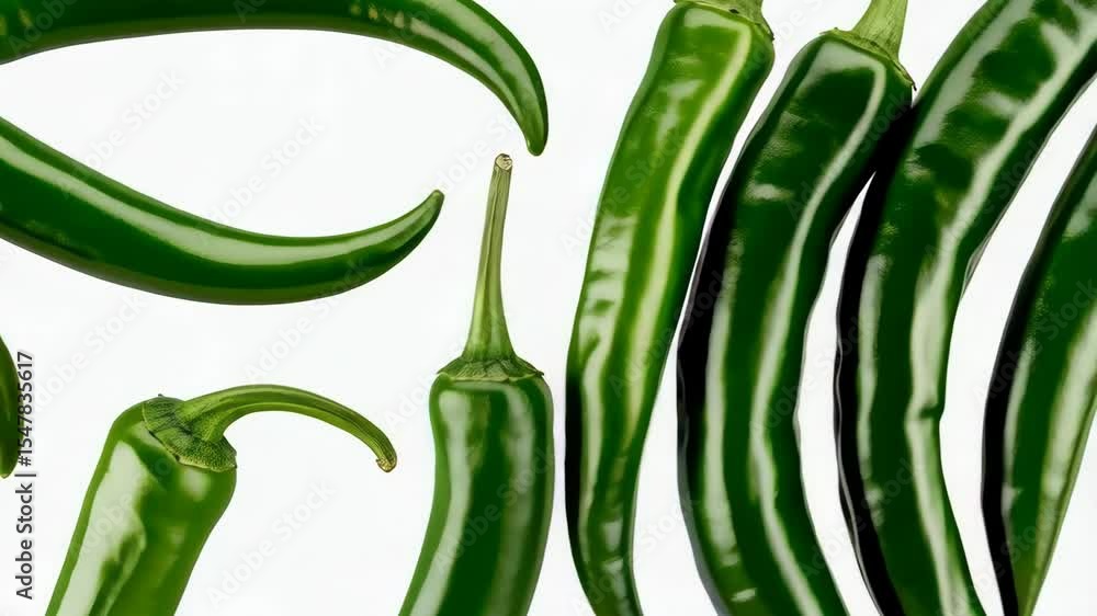 Green chili peppers arranged on a white surface, showcasing their fresh, vibrant color and varying shapes for culinary use