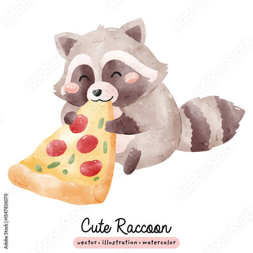 Cute raccoon with slice of pizza in watercolor Kawaii animal vector illustration