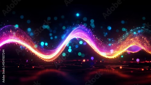 looped abstract attractive tech background with the movement of a flowing wave of data transfer in stylish hi-tech colors. Seamless motion back