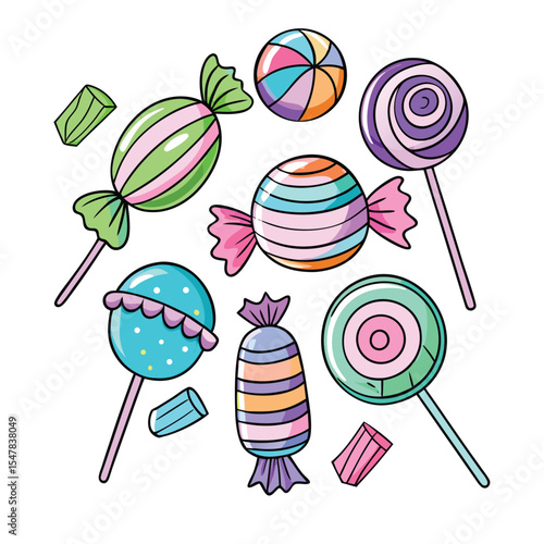 Colorful and delicious candy lollipops and sweets collection vector illustration isolated on white