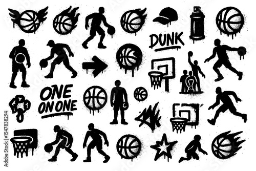 Behang Street Basketball Graffiti Icons – Urban Black Spray Paint Symbol Set