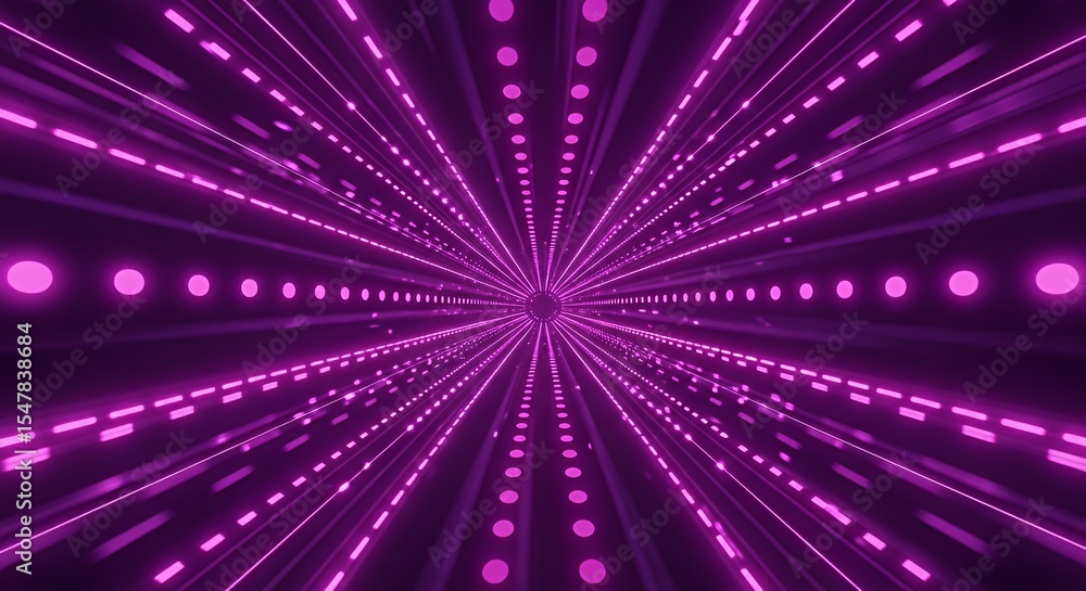 Naklejka premium Abstract Purple Light Tunnel with Glowing Lines and Dots Background