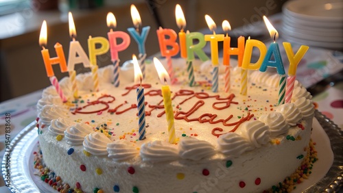 Classic Birthday Cake with “Happy Birthday” Candles, Red Icing Text, and Colorful Sprinkles