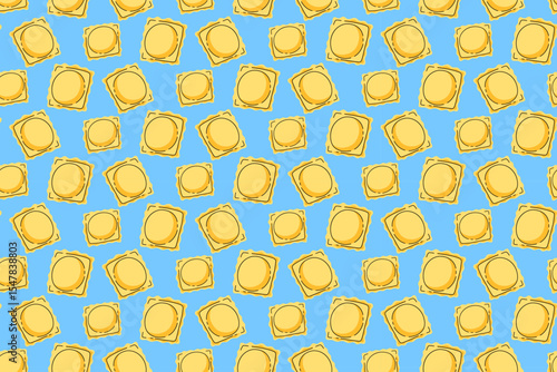 Italian ravioli pasta colorful doodle pattern on blue background. Ravioli pasta seamless pattern background. Ravioli isolated motif wallpaper. Food, restaurant, gourmet, foodstuff. Vector illustration