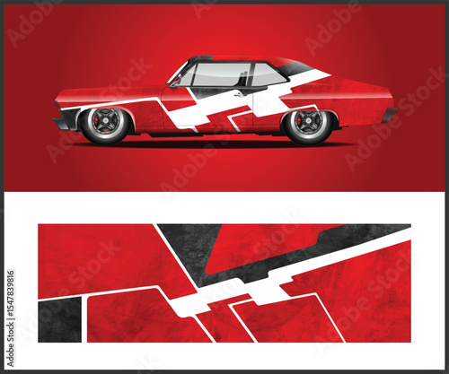 Red Classic Car with Bold White and Gray Racing Stripe Design