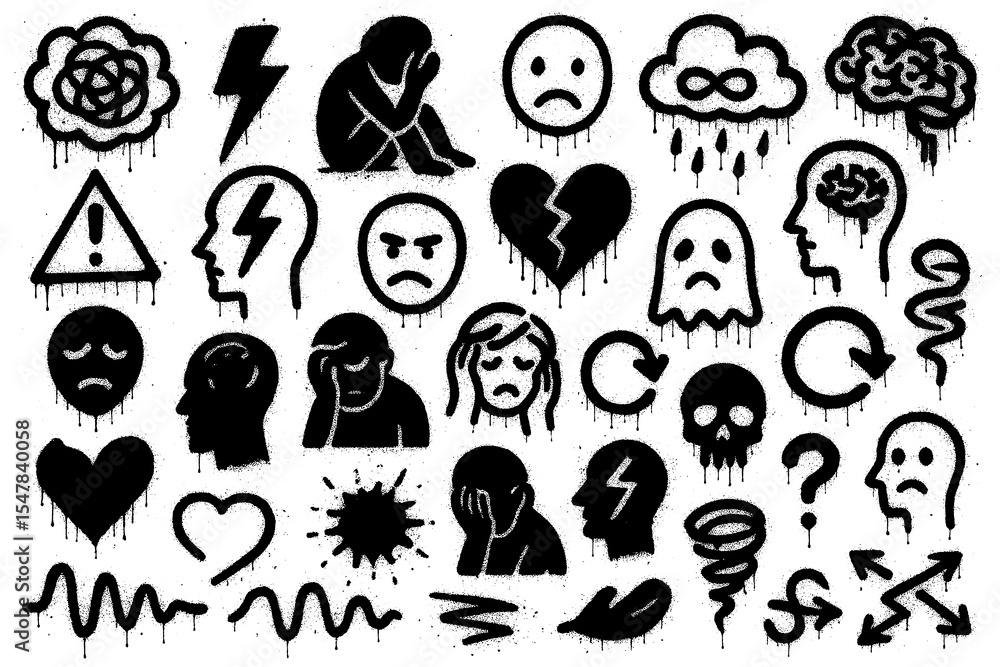 Naklejka premium Mental Health Symbols – Graffiti Spray Paint Icons with Dripping Ink