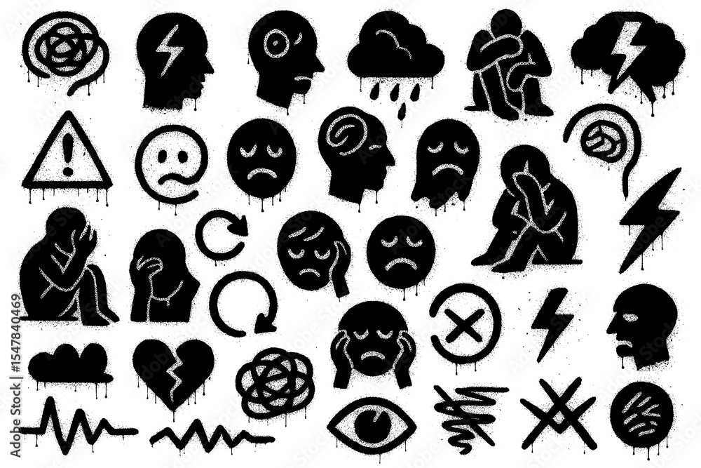 Naklejka premium Mental Health Symbols – Graffiti Spray Paint Icons with Dripping Ink