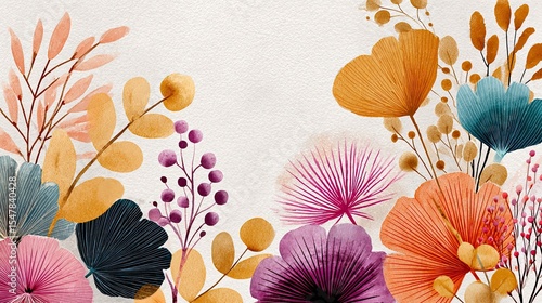 Boho Style Colorful Lin. Abstract contemporary aesthetic background with geometric balance shapes. Vintage Boho Mandala Background Texture. Leaves and flowers.