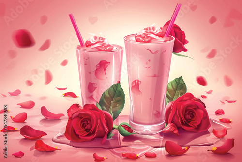 Raspberry milk dessert in cocktail glass, on bright background.