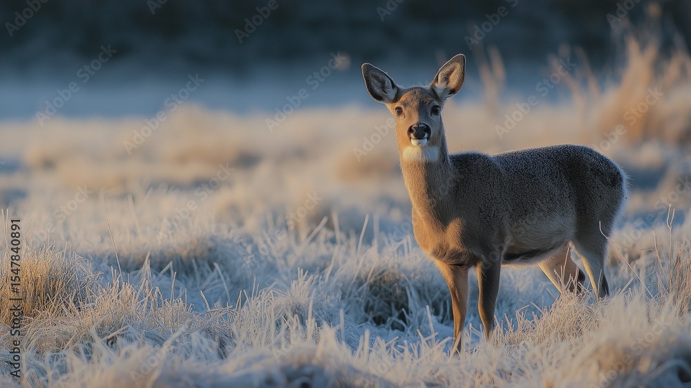 Obraz premium A deer stands still on a frost-covered meadow as sunlight softly illuminates the landscape.