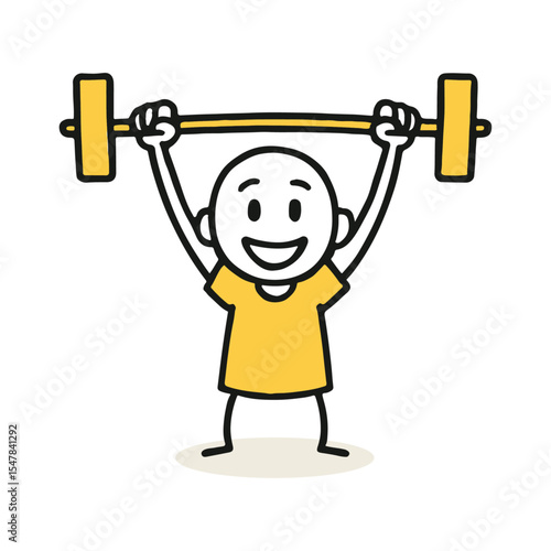 Stick Figure Lifting Barbell. Fitness, Workout, Exercise, Gym, Training, Strength, Doodle Vector Illustration. Happy Cartoon Character in Yellow, Simple Line Art