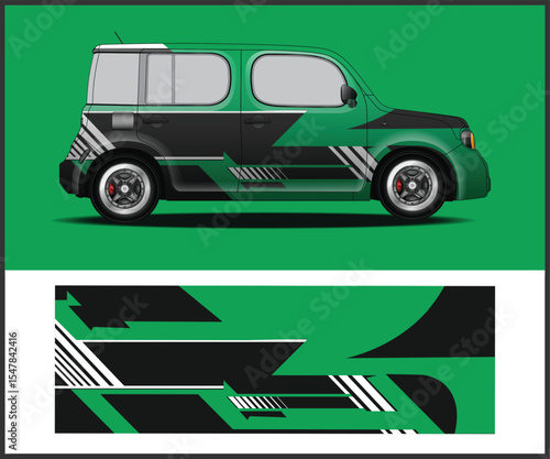 Green Car with Black and White Racing Stripes and Graphics Design