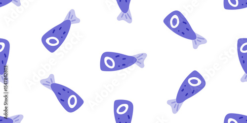 Seamless Cartoon Blue Fish Pattern — Cute blue fish with round eyes and simple shapes arranged in seamless repeat. Flat cartoon-style marine pattern on white background.