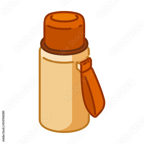Cartoon Camping Thermos Bottle Icon — Cute beige and orange thermos bottle with strap, drawn in flat cartoon style. Isolated hiking accessory illustration on white background.
