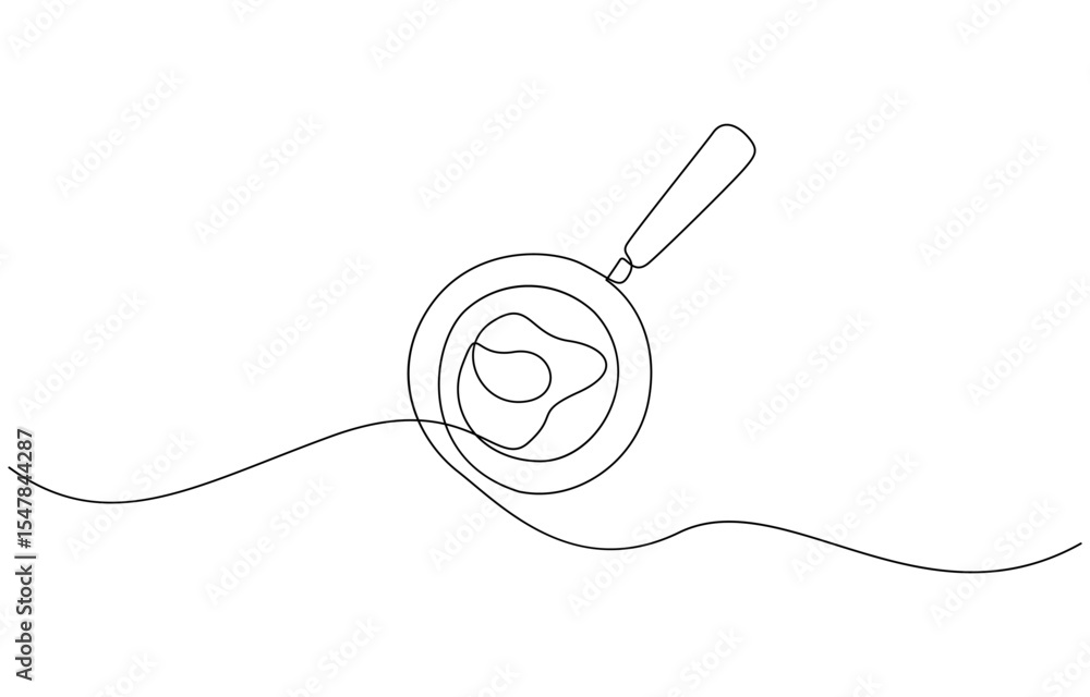 Obraz premium Continuous line drawing of fried egg on a pan. Vector illustration, Frying pan with scrambled egg in continuous one line art style. Simple vector.