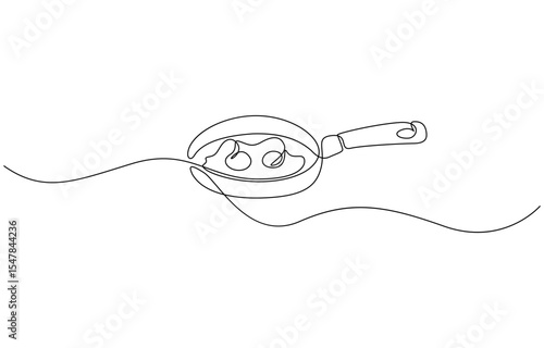 Continuous line drawing of fried egg on a pan. Vector illustration, Frying pan with scrambled egg in continuous one line art style. Simple vector.