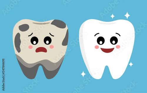 Cute cartoon tooth character, Bright and dirty tooth comparision. Dental care concept. Vector illustration isolated on blue background.