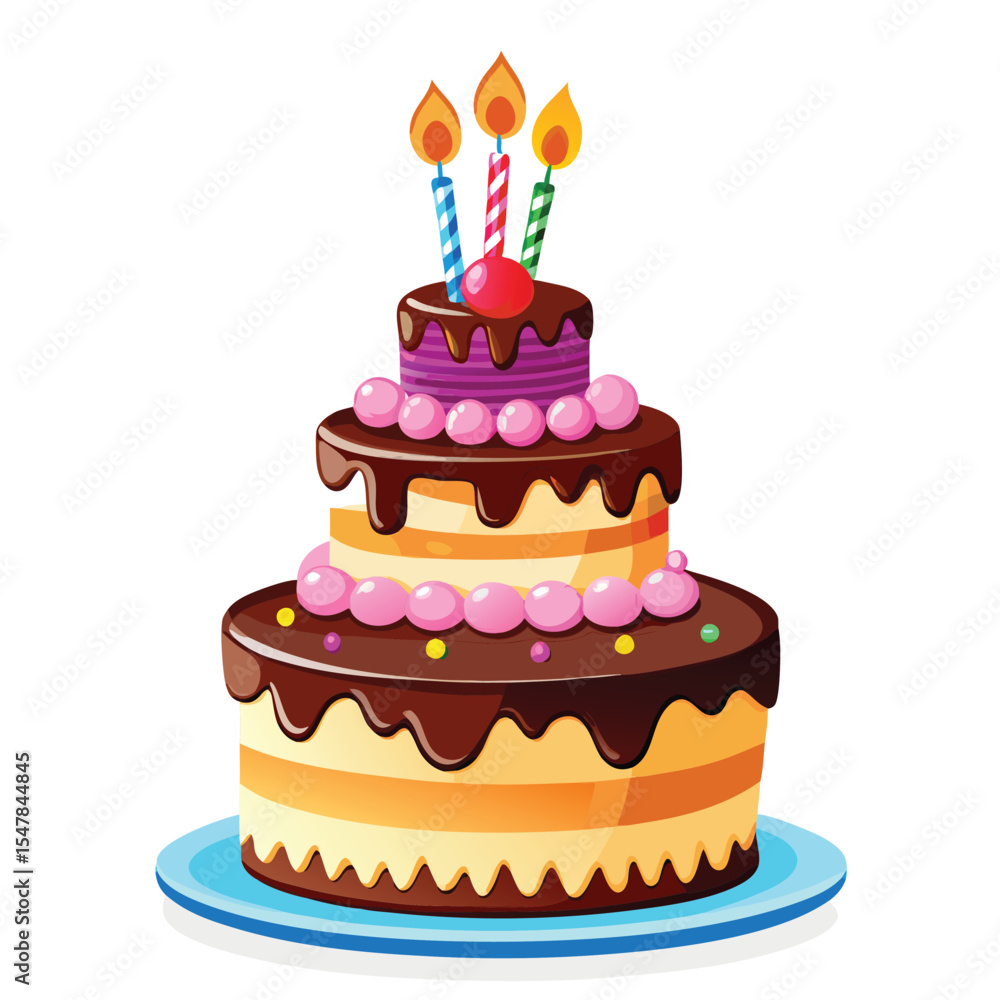 Delicious three tiered birthday cake decorated with candles and pink gumballs vector illustration Delicious three tiered birthday cake decorated with candles and pink gumballs vector illustration