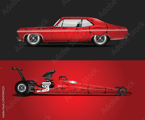 Red Classic Car and Dragster with Cracked Paint on a Split Background