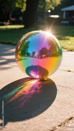 A colorful reflective beach ball casting a vibrant shadow on a sunny day